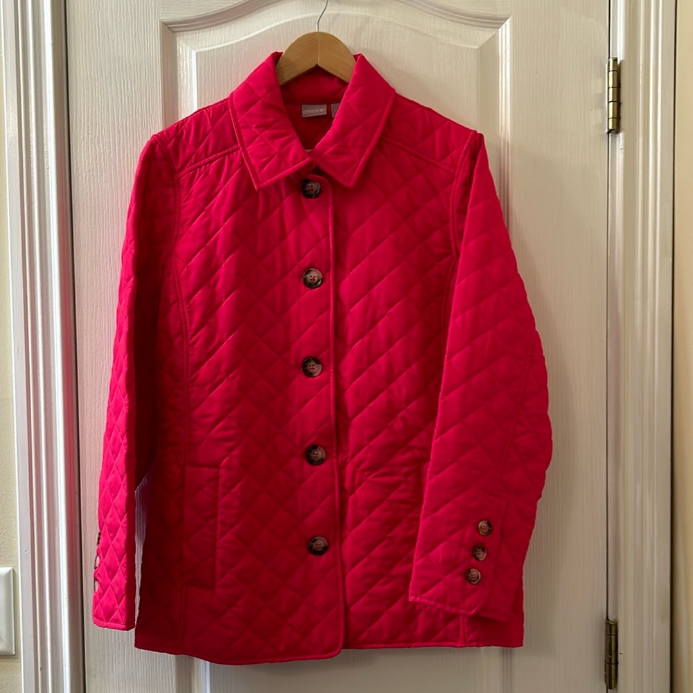 Chico’s pink quilted jacket.